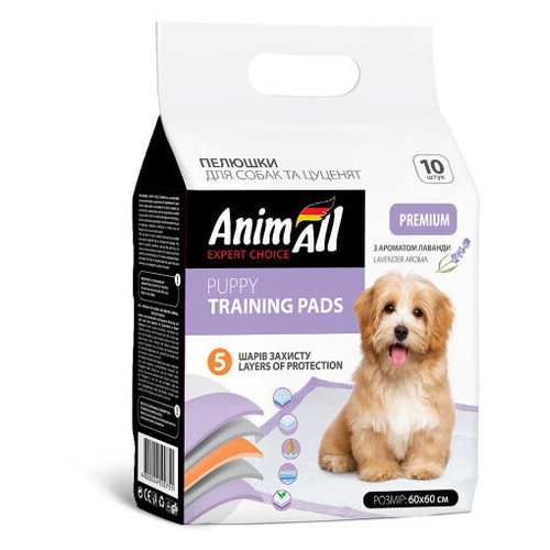 Пелюшки AnimAll Puppy Training Pads для собак та цуценят, з ароматом лаванди, 60x60 см, 10 шт (147962) фото №1