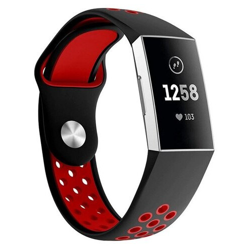 Силіконовий ремінець Primolux з перфорацією для фітнес браслета Fitbit Charge 3/4 - Black&Red / розмір S фото №1