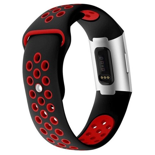 Силіконовий ремінець Primolux з перфорацією для фітнес браслета Fitbit Charge 3/4 - Black&Red / розмір S фото №3