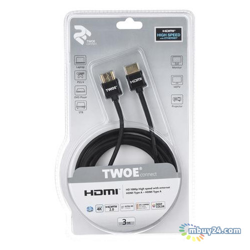 Відео кабель 2E Ultra Slim HDMI 2.0 (AM/AM) High Speed 3 м Black (2EW-1119-3m) (220264) фото №3
