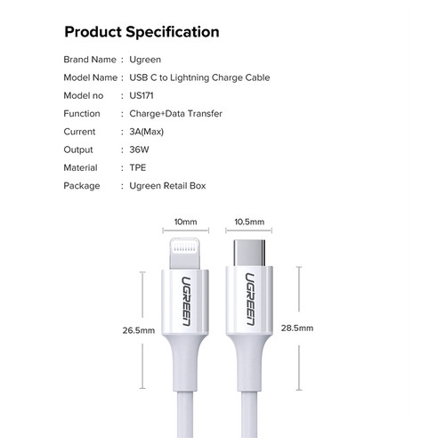 Кабель Ugreen USB 2.0 Type-C M-Lightning M, 2 м, 3A, Nickel Plating ABS Shell Білий, US171 (60749) фото №7