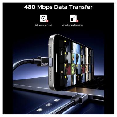 Дата кабель USB-C to USB-C 0.5m PD60W 3A braided L524 gray Ugreen (55764) фото №3