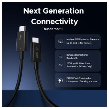 Дата кабель USB-C to USB-C 1.0m Thunderbolt 5 240W 5A 120Gbps 16/8/4K L703 black Ugreen (45996) фото №3