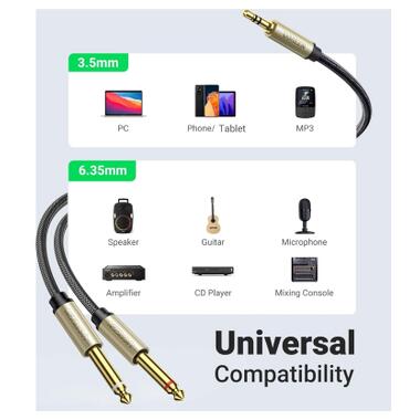 Кабель мультимедийный 3.5mm M to 2x6.35mm M 1.0m gray Ugreen (UGR-10613) фото №7