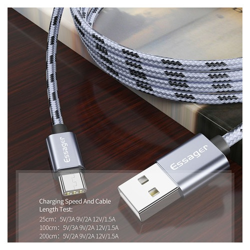 Дата кабель Essager Tiger USB - USB Type-C 3 A 2 м  темно - сірий (E1109-2) фото №3