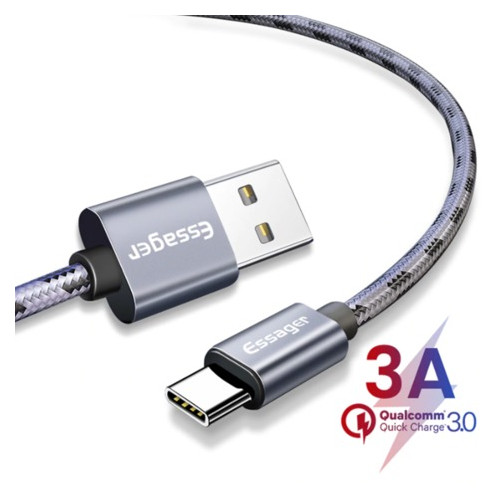 Дата кабель Essager Tiger USB - USB Type-C 3 A 2 м  темно - сірий (E1109-2) фото №1