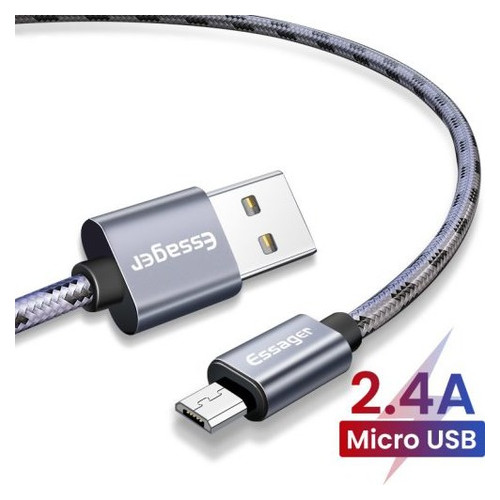 Дата кабель Essager Tiger USB - micro USB 2.4 A 1 м темно-сірий (E1108) фото №1