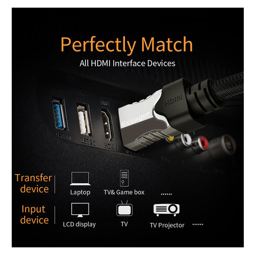 Відео кабель Essager HDMI-HDMI, 3 м чорний (E1129-3) фото №3