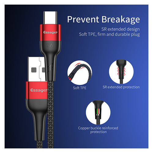 Дата кабель Essager Super Quick Charge 5A USB - USB Type-С 1 м червоний (E1130) фото №10