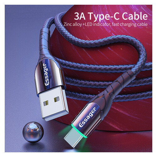 Дата кабель Essager із підсвічуванням Zink USB - USB Type-C 3 A 1 м чорний (E1160) фото №2