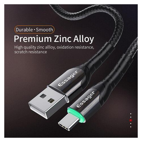 Дата кабель Essager із підсвічуванням Zink USB - USB Type-C 3 A 1 м чорний (E1160) фото №3