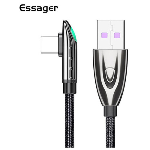 Дата кабель кутовий з підсвічуванням Essager USB - USB Type-C 6 A 1 м темно-сірий (E1212) фото №1