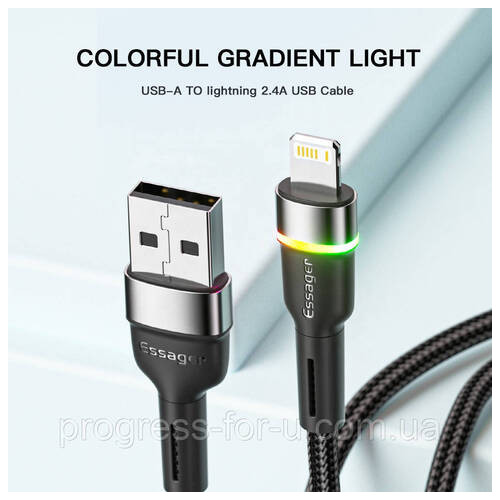 Дата кабель із підсвічуванням Essager USB - Lightning 2,4 A 1 м чорний (E1209) фото №2