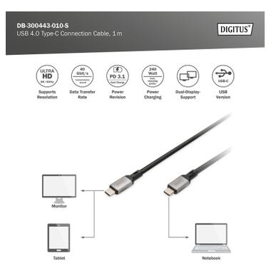 Дата кабель USB-C to USB-C 1.0m USB 4.0 black Digitus (DB-300443-010-S) фото №7