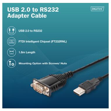 Кабель для передачи данных USB 2.0 AM to COM 1.8m DB9 RS232 FT232RNL black Digitus (DA-70172) фото №2