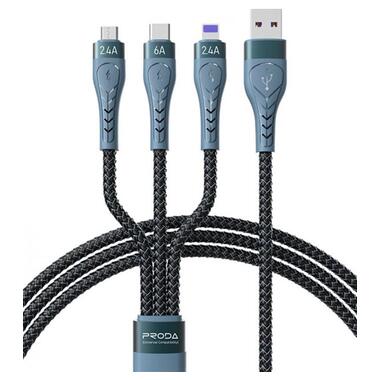 Кабель Proda PD-B74th USB - Lightning/microUSB/USB-C 6А, 1.3м, Black (PD-B74th-BK) фото №1