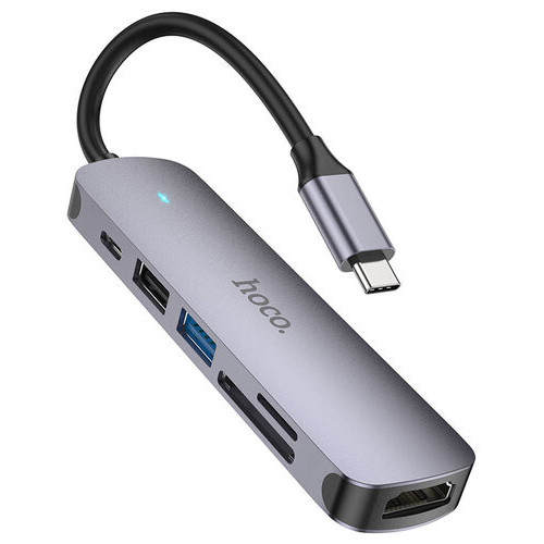 Кабель Hoco HB28 Type-C HDMI/Type-C/USB3.0/USB2.0/SD/TF 3 A 60 W Metal Gray (6931474769336) фото №1