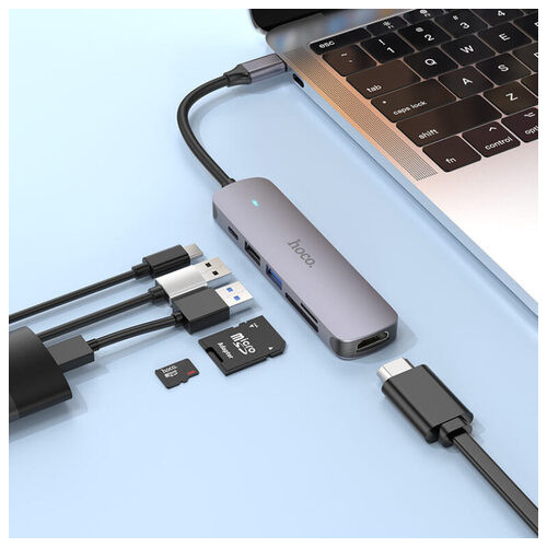 Кабель Hoco HB28 Type-C HDMI/Type-C/USB3.0/USB2.0/SD/TF 3 A 60 W Metal Gray (6931474769336) фото №5