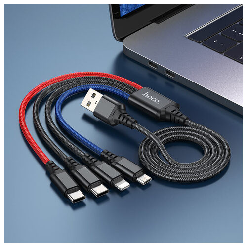 Кабель Hoco X76 USB Micro/Lightning/2хType-C 2A 1m Black Red Blue (6931474768650) фото №4