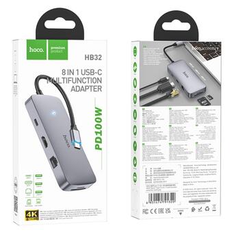 Кабель Hoco HB32 Type-C HDMI/Type-C/USB3.0/USB2.0 * 2/RJ45/SD/TF 100W 0,18 м Metal Gray (6931474791320) фото №7