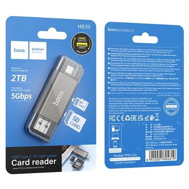 Переходник HOCO USB &; Type-C 3.0 high-speed Card reader HB39 черный фото №1