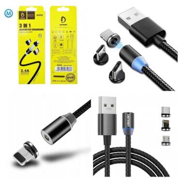 Дата кабель USB 2.0 AM to Lightning + Micro 5P + Type-C magnetic black Denmen (DN-D09E-BK) фото №4