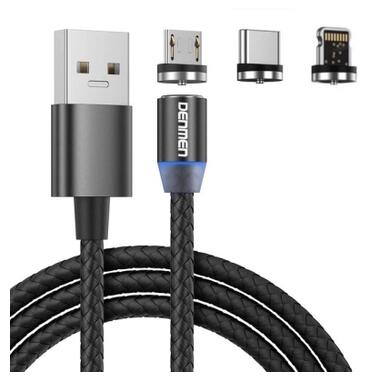 Дата кабель USB 2.0 AM to Lightning + Micro 5P + Type-C magnetic black Denmen (DN-D09E-BK) фото №1