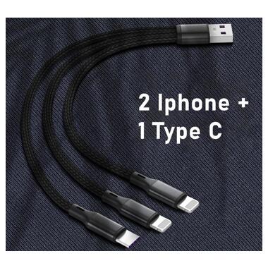 USB кабель Primo X47-3 3-in-1 Type-C/2 x iPhone короткий 20см - Black фото №3
