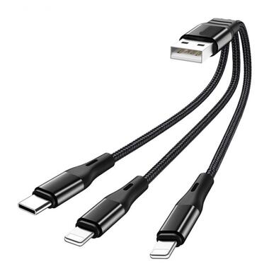 USB кабель Primo X47-3 3-in-1 Type-C/2 x iPhone короткий 20см - Black фото №1
