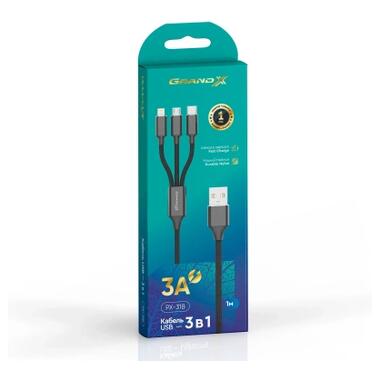 Дата кабель USB 2.0 AM to Lightning + Micro 5P + USB-C 1.0m 2.4-3A black Grand-X (PX-31B) фото №4