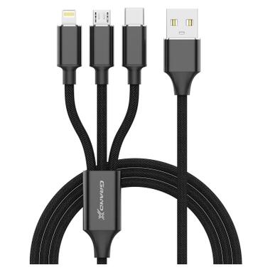 Дата кабель USB 2.0 AM to Lightning + Micro 5P + USB-C 1.0m 2.4-3A black Grand-X (PX-31B) фото №1