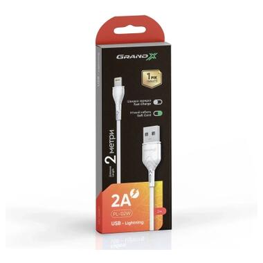 Дата кабель USB 2.0 AM to Lightning 2.0m 2A white Grand-X (PL-02W) фото №2