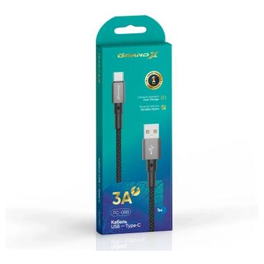 Дата кабель USB 2.0 AM to USB-C 1.0m 3A nylon black Grand-X (PC-08B) фото №4