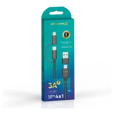 Дата кабель USB-C + USB-A to Lightning + Micro 5P + USB-C 1.0m 2.4-3A black Grand-X (PX-41B) фото №4