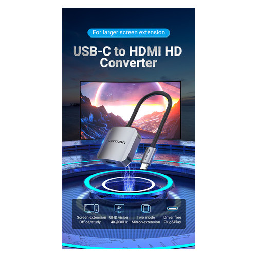 Перехідник Vention USB3.1 Type-C - HDMI (F) 4K 30HZ кабель 0.15м (TDEHB) фото №2