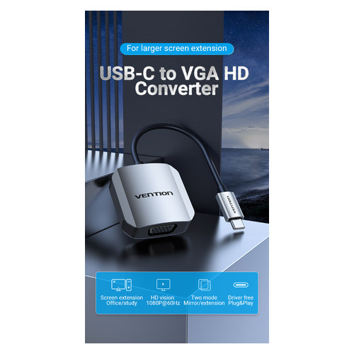 Перехідник Vention USB3.1 Type-C - VGA (F) 1080p 60Hz кабель 0.15м (TDFHB) фото №2