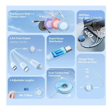 Дата кабель USB 2.0 AM to 2xUSB-C + Lightning 1.0m 3.5A retractable Vention (TRJBBE) фото №2