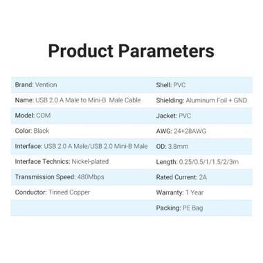 Дата кабель USB 2.0 AM to Mini 5P 2.0m black Vention (COMBH) фото №10
