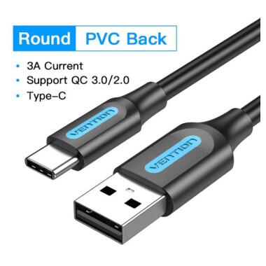 Дата кабель USB 2.0 AM to USB-C 1.0m 3A black Vention (COKBF) фото №2