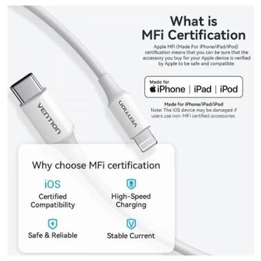 Дата кабель USB-C to Lightning 1.0m 3A white Vention (LAKWF) фото №3