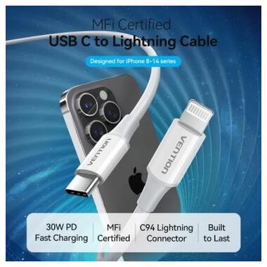 Дата кабель USB-C to Lightning 1.0m 3A white Vention (LAKWF) фото №2