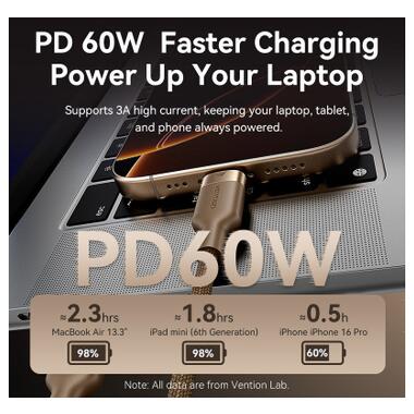 Дата кабель USB-C to USB-C 1.0m 3A aluminum gold Vention (TRDJF) фото №5