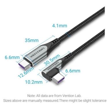 Дата кабель USB-C to USB-C 1.0m 5A 90° corner aluminum gray Vention (TAKHF) фото №2