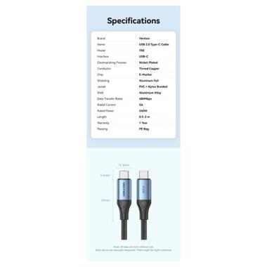 Дата кабель USB-C to USB-C 1.5m 240W aluminum black Vention (TREBG) фото №10