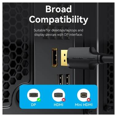 Кабель мультимедийный DisplayPort M to DisplayPort M 1.0m 4K60Hz black Vention (HAKBF) фото №7