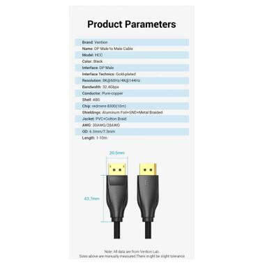 Кабель мультимедийный DisplayPort M to DisplayPort M 1.5m 8K60Hz black Vention (HCCBG) фото №9