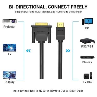 Кабель мультимедийный HDMI M to DVI M 2.0m 4K60Hz black Vention (ABFBH) фото №1