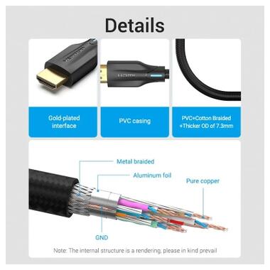Кабель мультимедийный HDMI M to HDMI M 1.0m 8K60Hz cotton braided black Vention (AAUBF) фото №3
