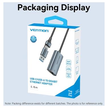 Переходник USB-C + USB A to RJ45 Ethernet 1000Mbps 0.15m aluminum gray Vention (CFQHB) фото №3