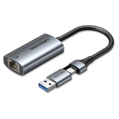 Переходник USB-C + USB A to RJ45 Ethernet 1000Mbps 0.15m aluminum gray Vention (CFQHB) фото №1